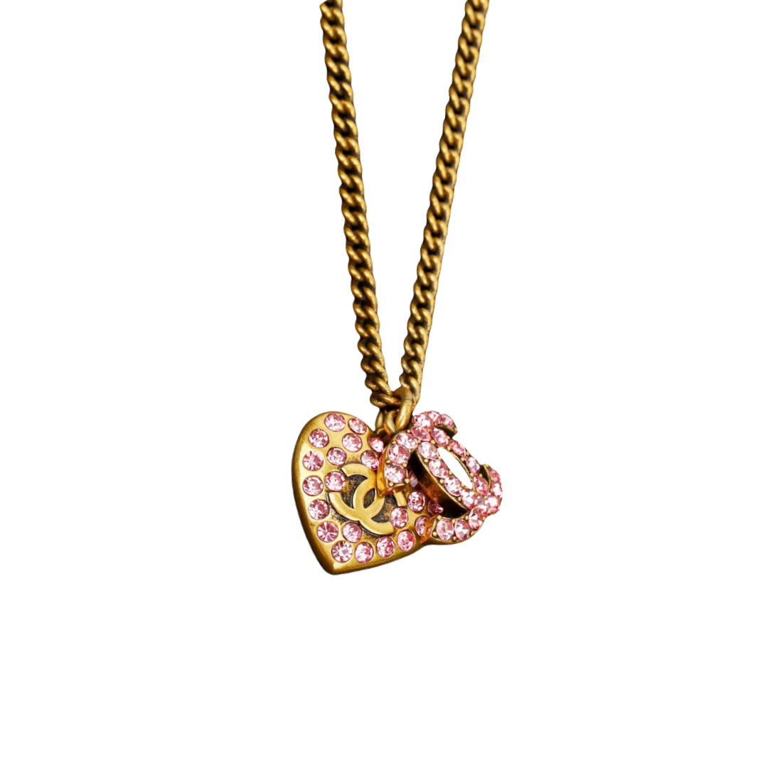 CCN505 Vintage Pink crystal heart and cc logo pendant necklace - ccfashionjewelry