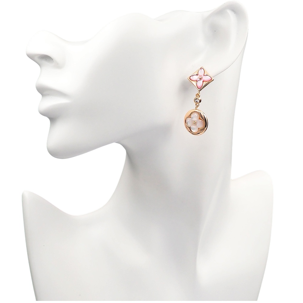 LVE098 L&V Color Blossom Long Earrings Pink Gold White Mother-of-Pearl and Diamonds - ccjewelryacc
