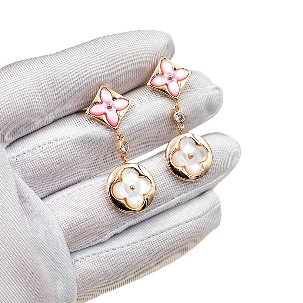 LVE098 L&V Color Blossom Long Earrings Pink Gold White Mother-of-Pearl and Diamonds - ccjewelryacc