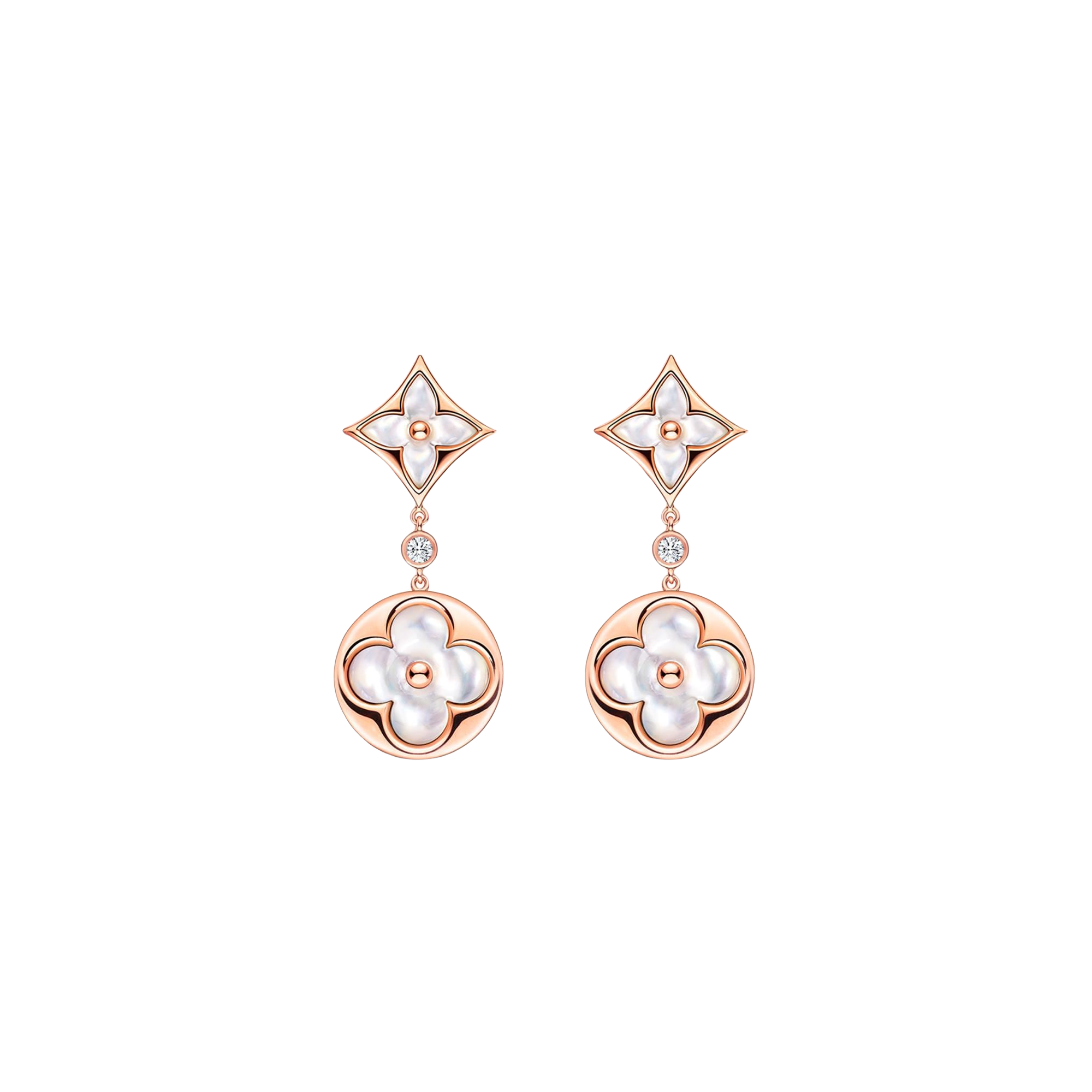 LVE098 L&V Color Blossom Long Earrings Pink Gold White Mother-of-Pearl and Diamonds - ccjewelryacc