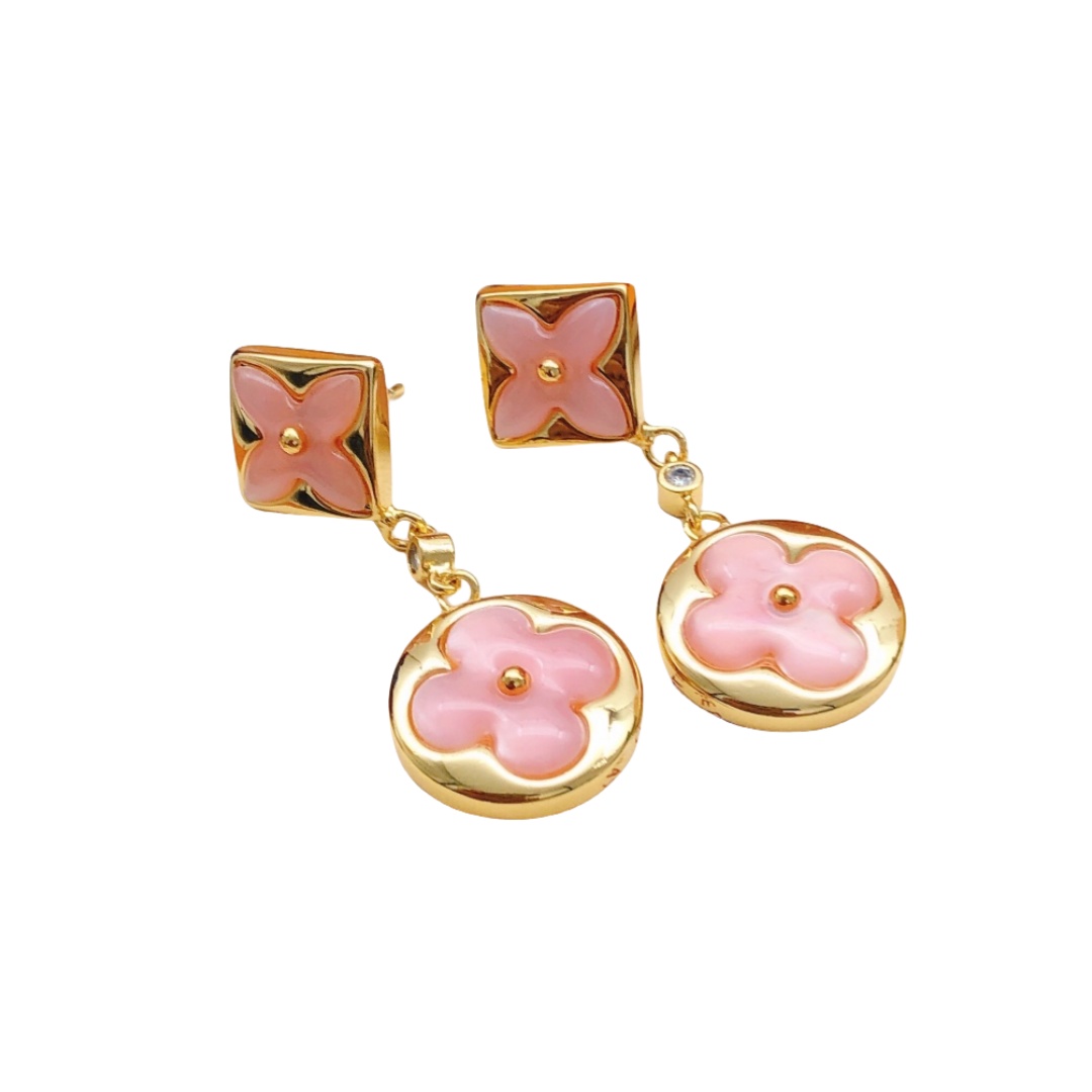 LVE098 L&V Color Blossom Long Earrings Pink Gold White Mother-of-Pearl and Diamonds - ccjewelryacc