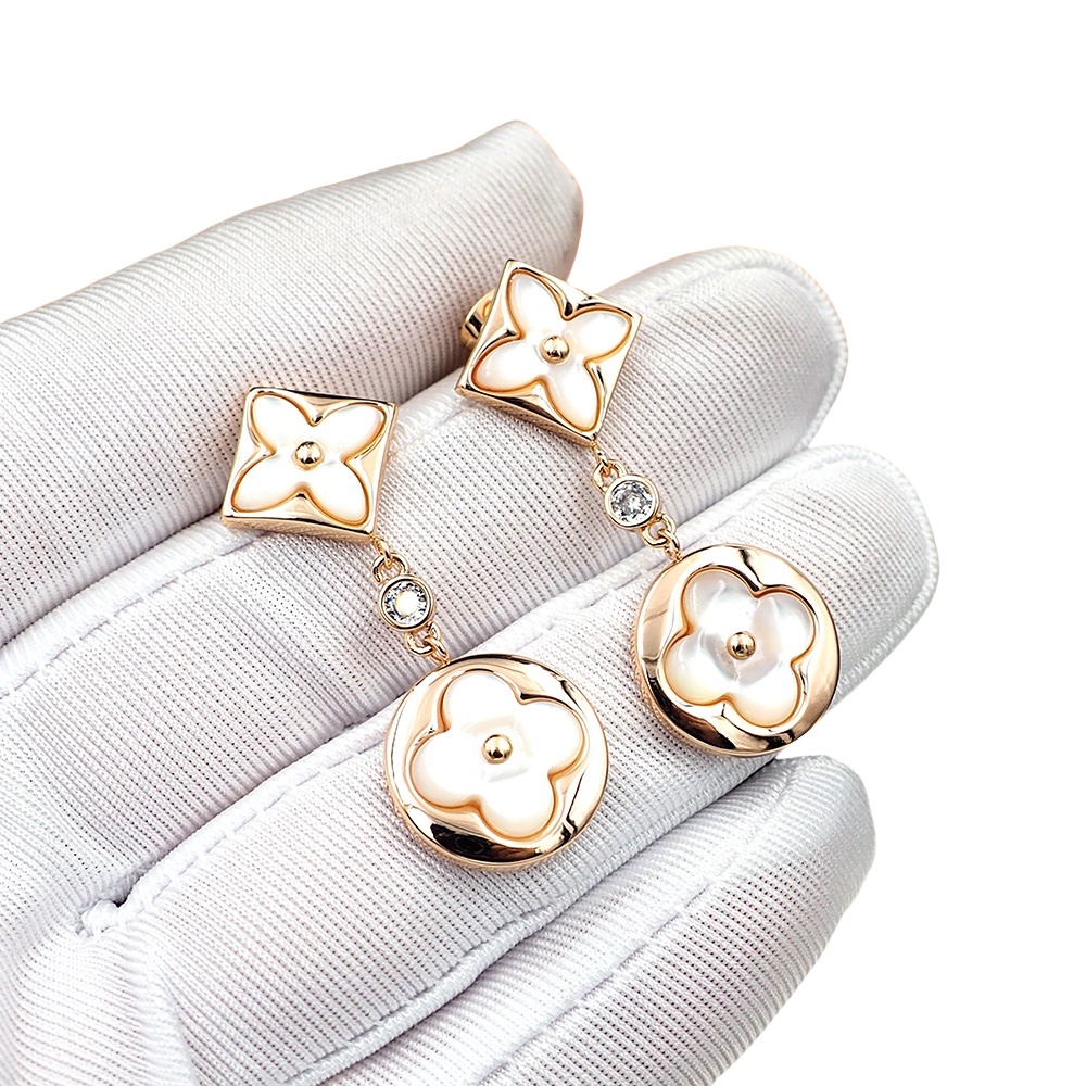 LVE098 L&V Color Blossom Long Earrings Pink Gold White Mother-of-Pearl and Diamonds - ccjewelryacc
