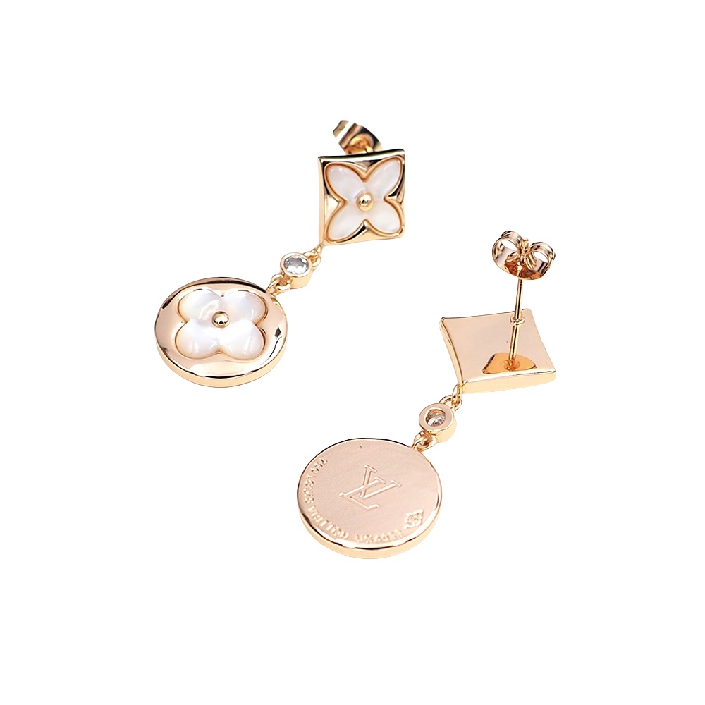 LVE098 L&V Color Blossom Long Earrings Pink Gold White Mother-of-Pearl and Diamonds - ccjewelryacc