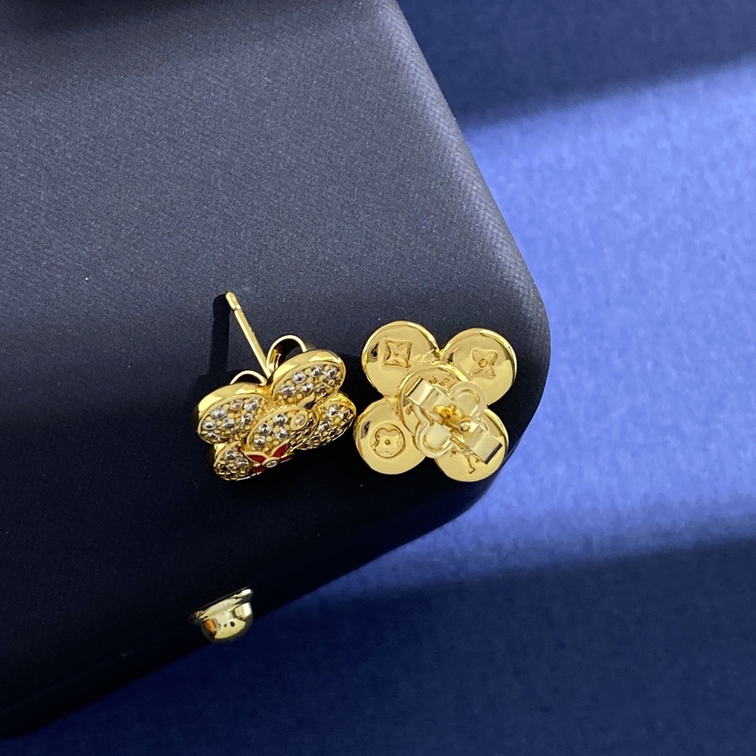 LVE103 L&V Clover flower stud earring in metal and crystal - ccjewelryacc