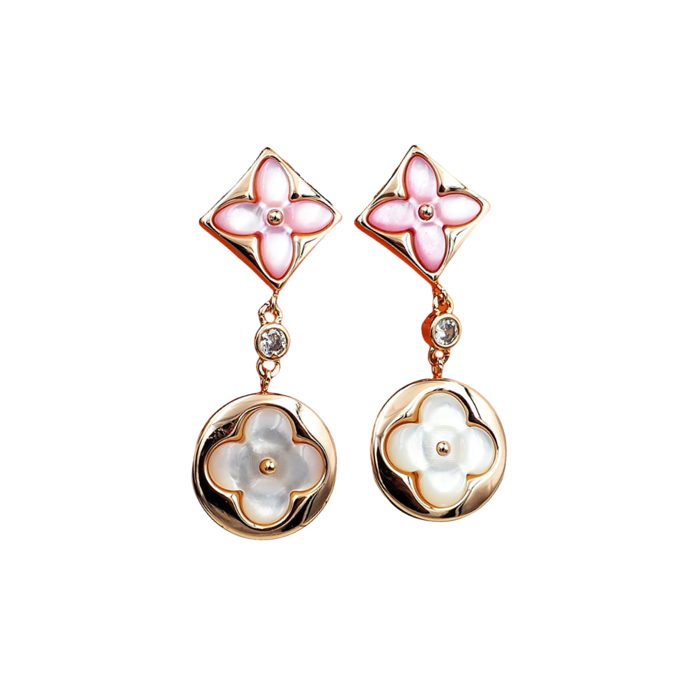 LVE098 L&V Color Blossom Long Earrings Pink Gold White Mother-of-Pearl and Diamonds - ccjewelryacc