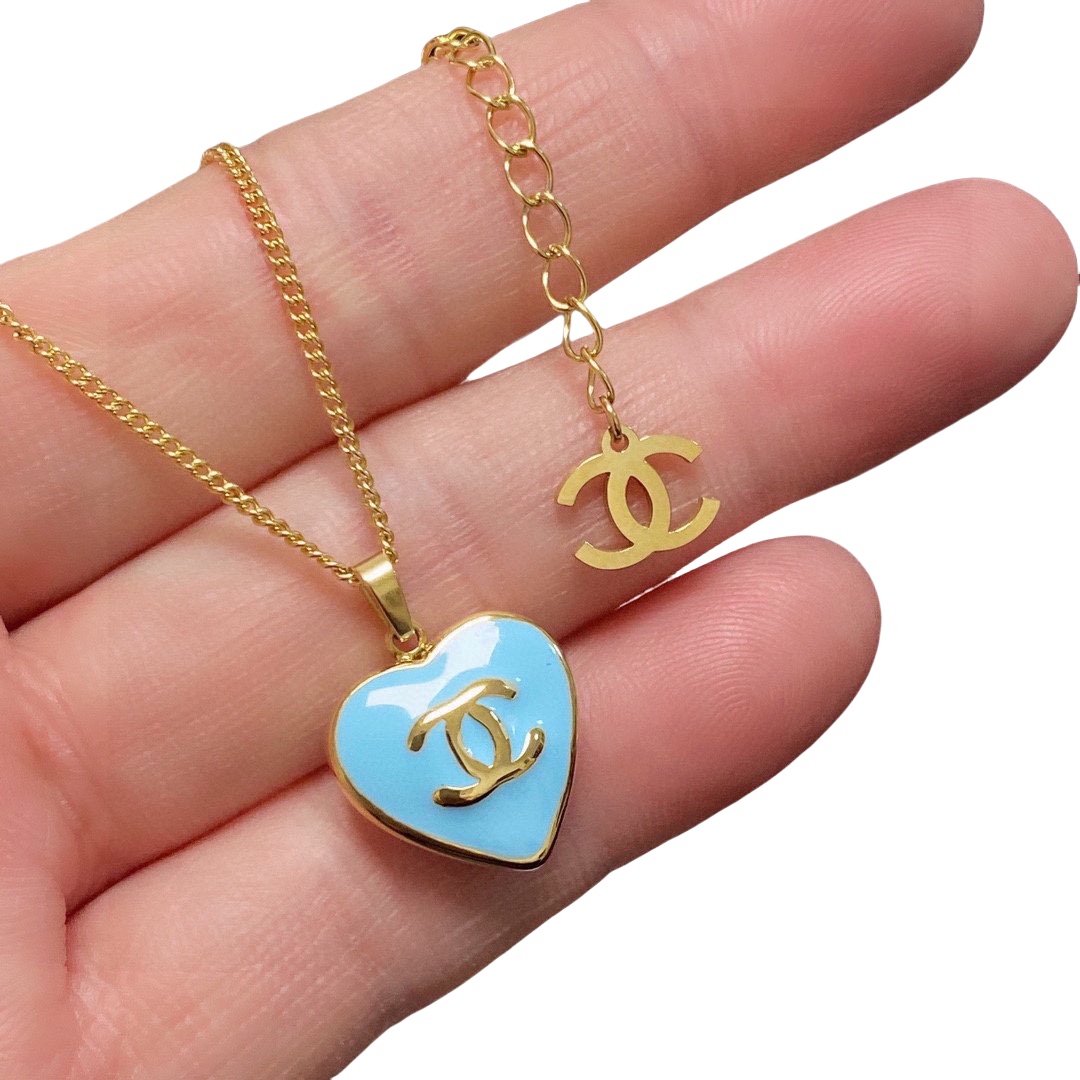 CCN489 Titanium steel Blue Heart CC Logo pendant necklace - ccfashionjewelry
