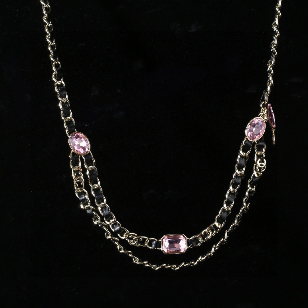 CCW095 Gold Metal and leather chain cc waist belt with Pink rhinestone - ccjewelryacc