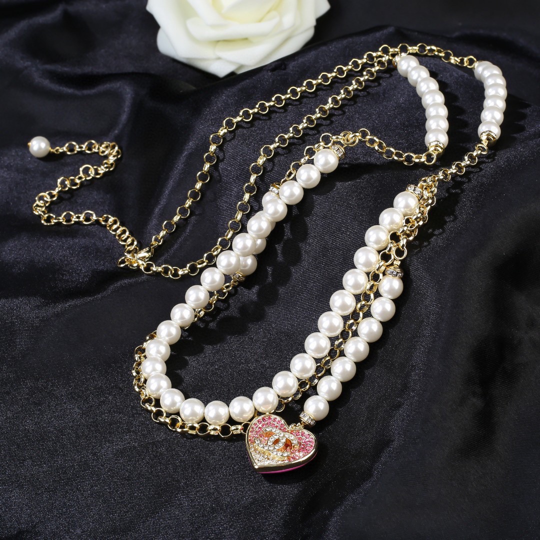 CCW081 CC Pearl chain and pink heart charm waist chain belt - ccjewelryacc