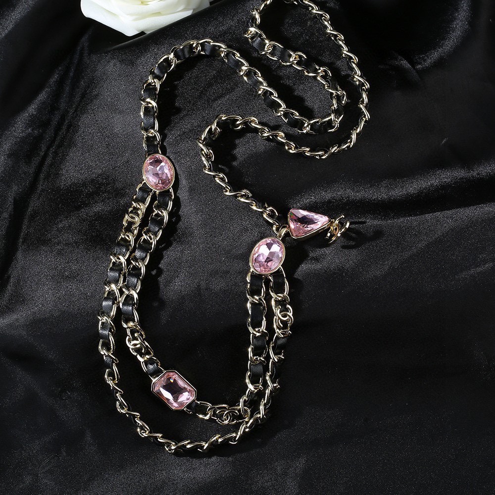 CCW095 Gold Metal and leather chain cc waist belt with Pink rhinestone - ccjewelryacc