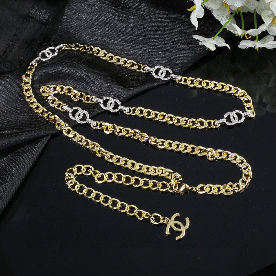 CCW097 5 crystal CC motif metal waist chain belt - ccjewelryacc