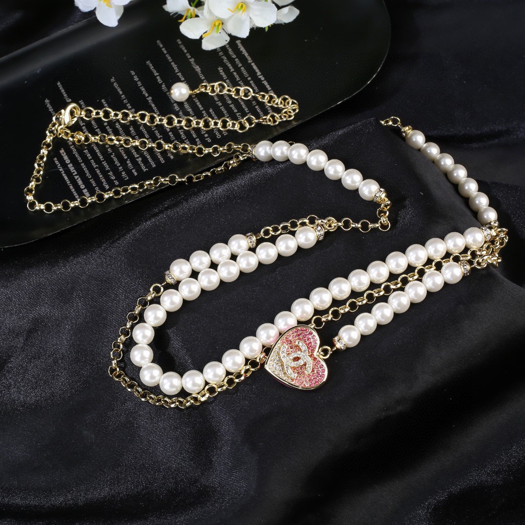 CCW081 CC Pearl chain and pink heart charm waist chain belt - ccjewelryacc
