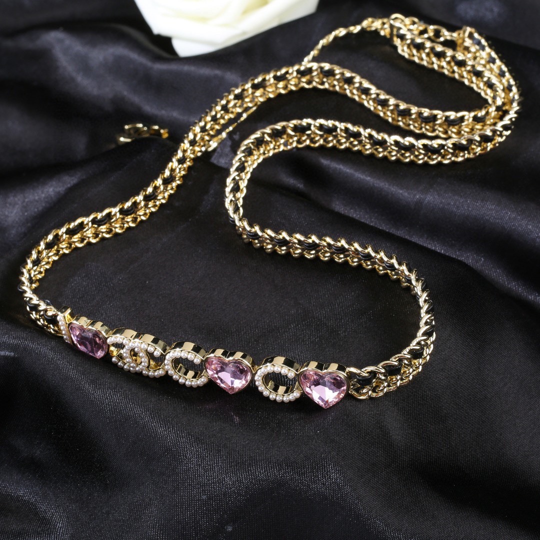 CCW006 Metal leather I Love COCO waist chain belt with pink heart crystal and pearls - ccjewelryacc