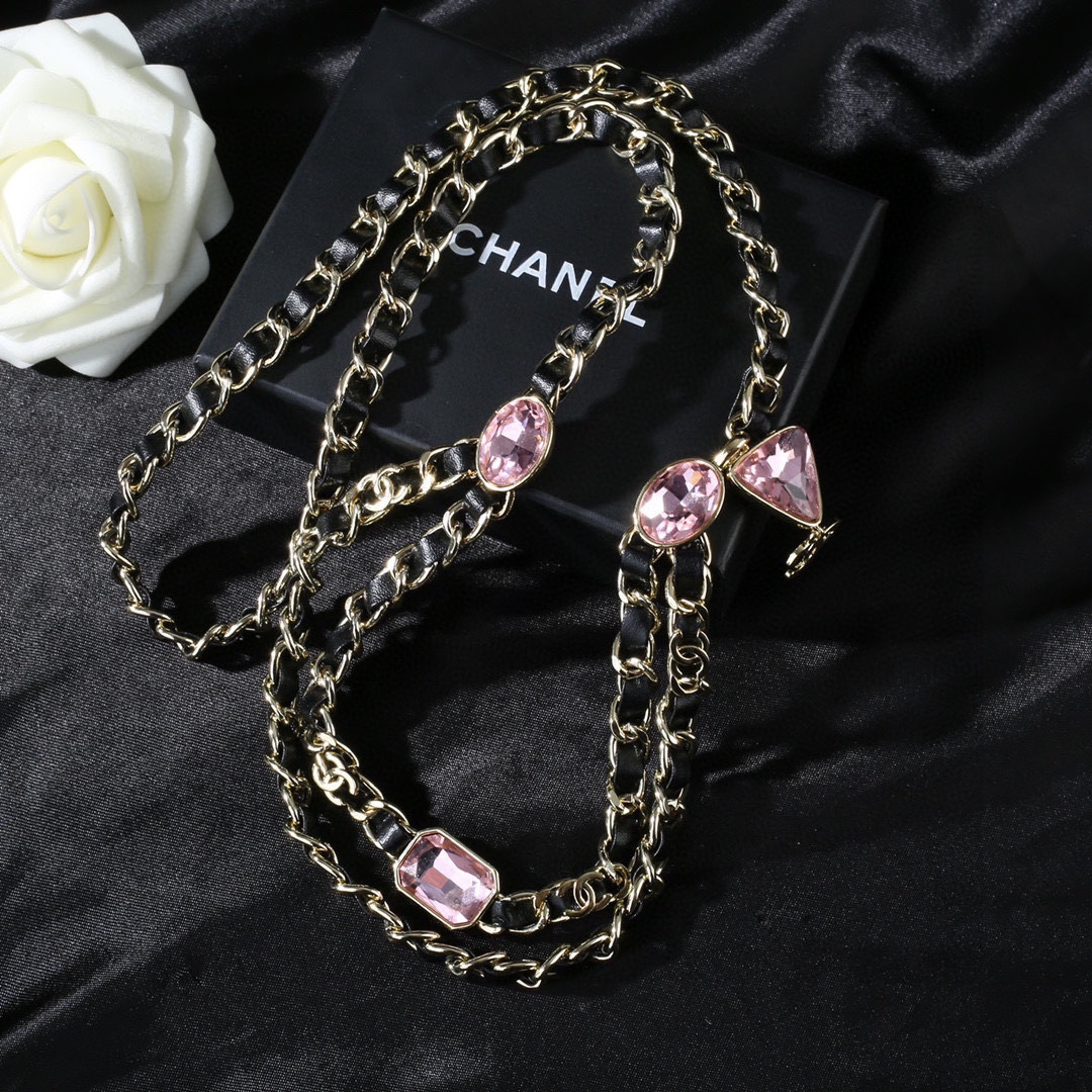 CCW095 Gold Metal and leather chain cc waist belt with Pink rhinestone - ccjewelryacc