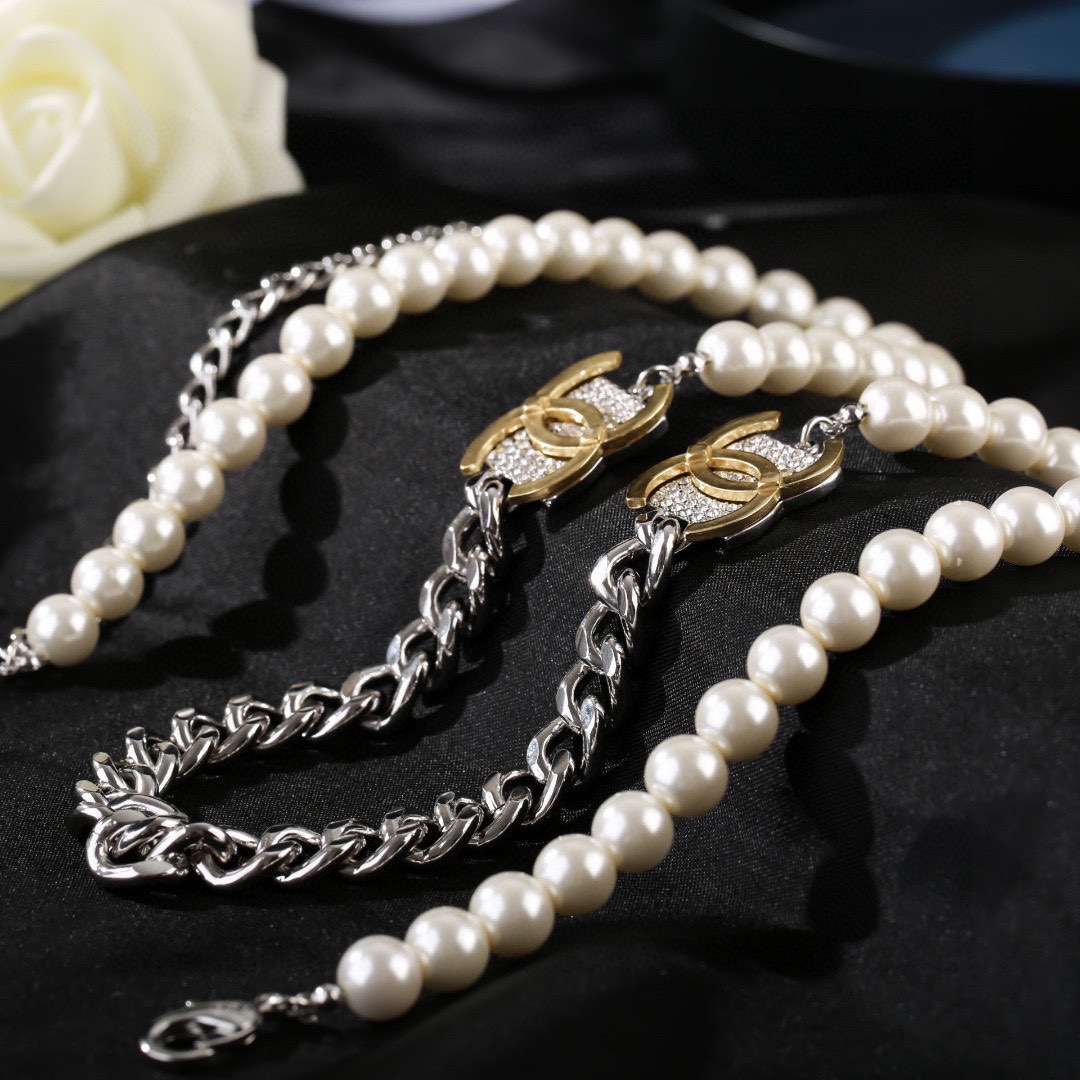 CCW104 Crystal CC logo metal and pearl waist chain belt - ccjewelryacc