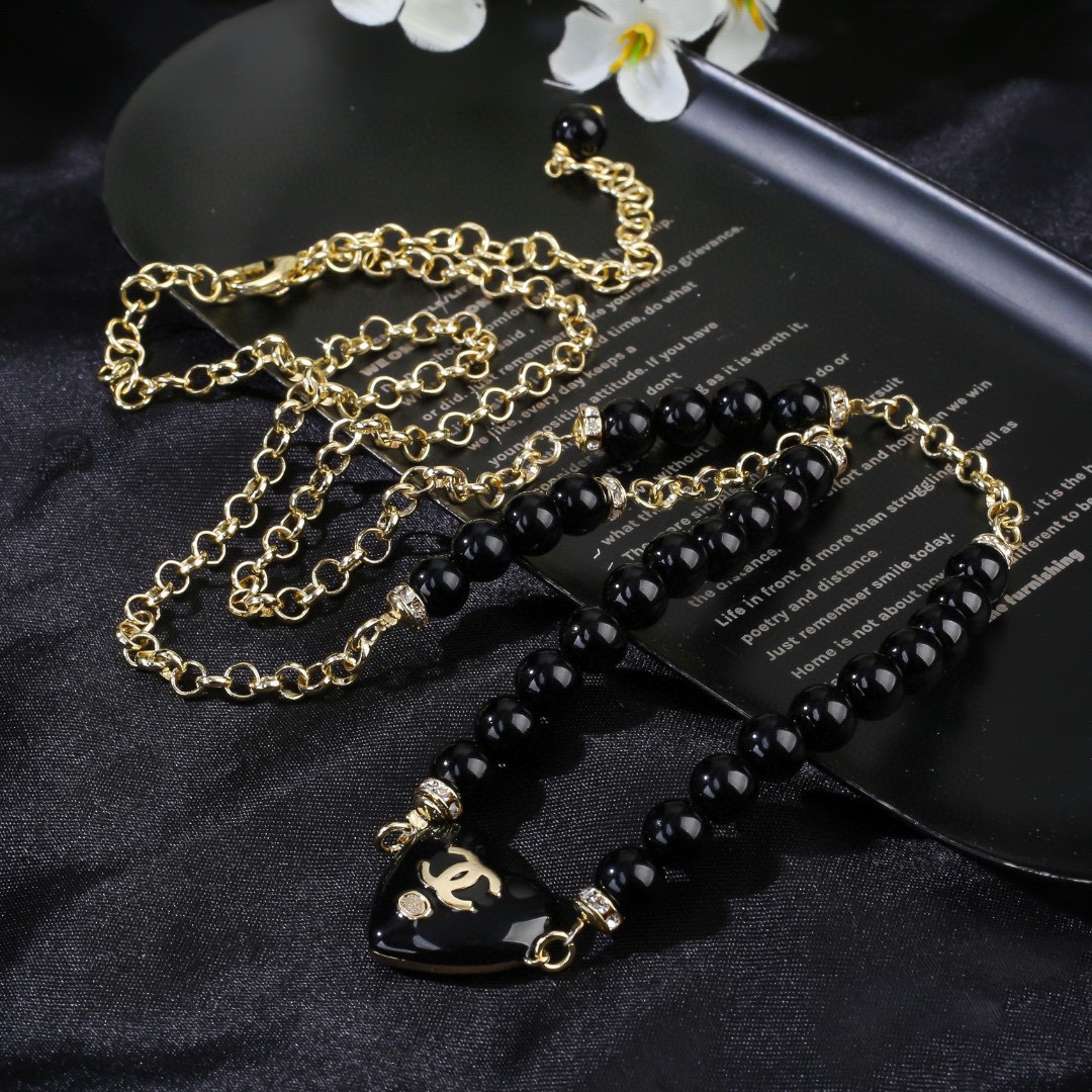 CCW082 CC Black Pearl chain and crystal heart charm waist chain belt - ccjewelryacc