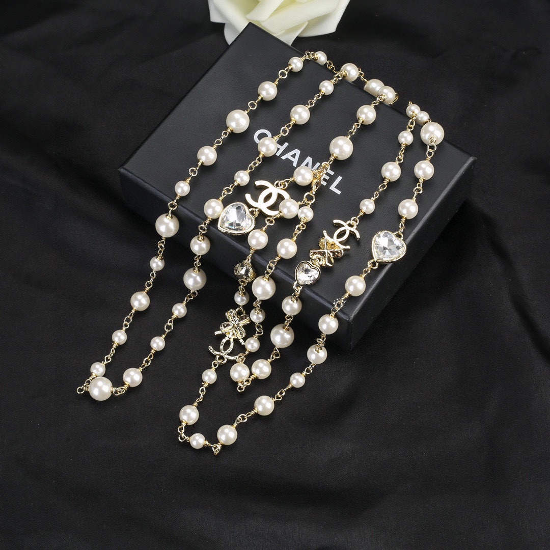 CCW117 Pearl chain and cc logo crystal heart charms waist chain belt - ccjewelryacc