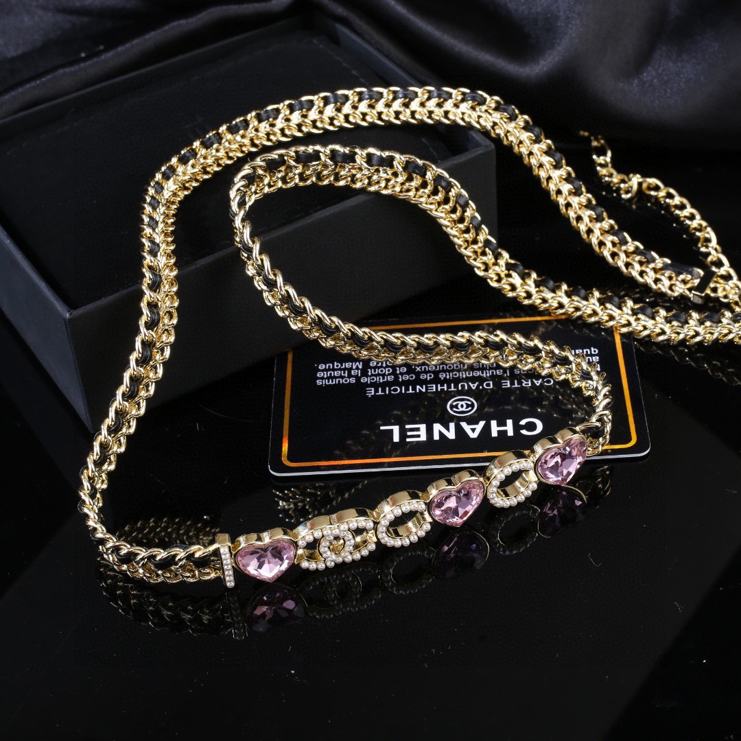 CCW006 Metal leather I Love COCO waist chain belt with pink heart crystal and pearls - ccjewelryacc