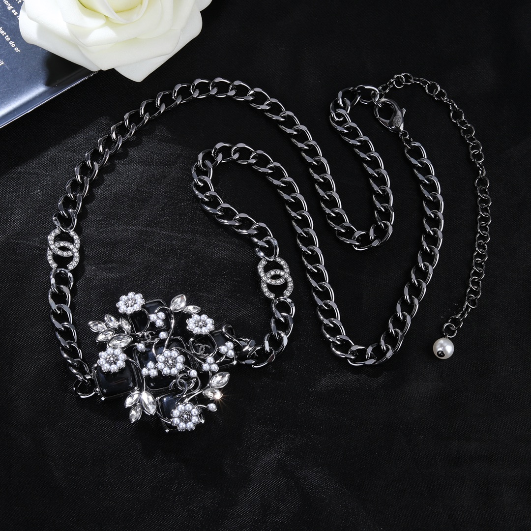 CCW107 Black Metal chain flower cc logo waist chain belt - ccjewelryacc