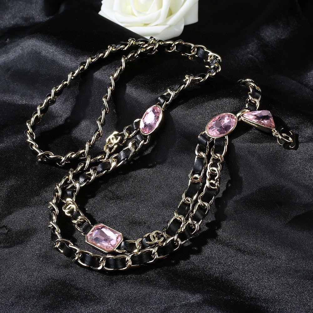 CCW095 Gold Metal and leather chain cc waist belt with Pink rhinestone - ccjewelryacc