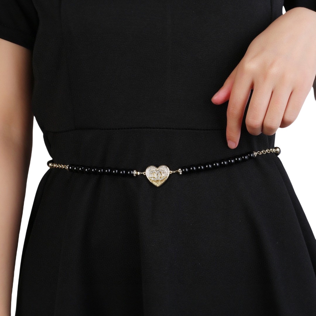 CCW082 CC Black Pearl chain and crystal heart charm waist chain belt - ccjewelryacc