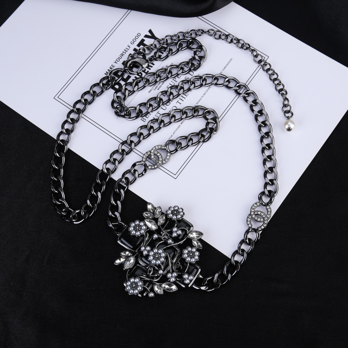CCW107 Black Metal chain flower cc logo waist chain belt - ccjewelryacc