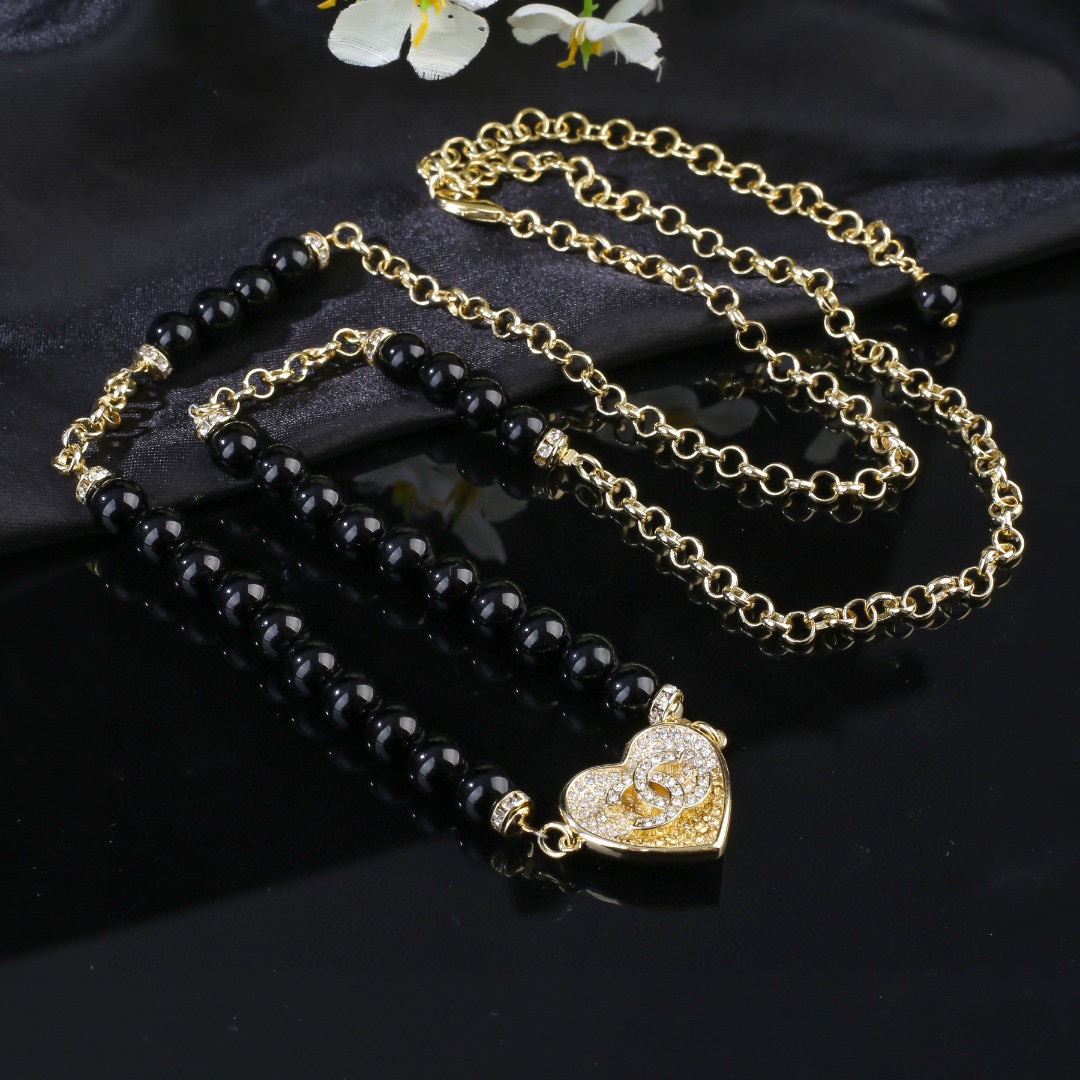 CCW082 CC Black Pearl chain and crystal heart charm waist chain belt - ccjewelryacc