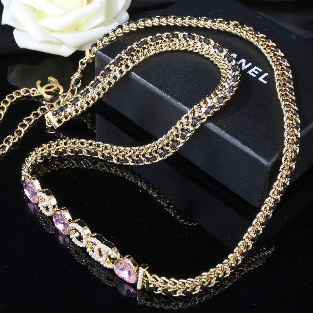 CCW006 Metal leather I Love COCO waist chain belt with pink heart crystal and pearls - ccjewelryacc