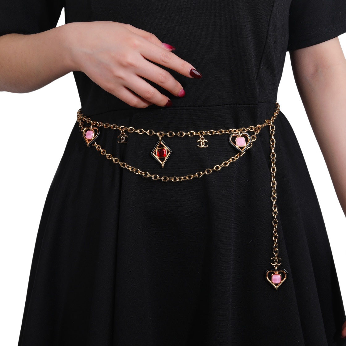 CCW057 CC metal pink crystal heart charm waist belly chain - ccfashionjewelry