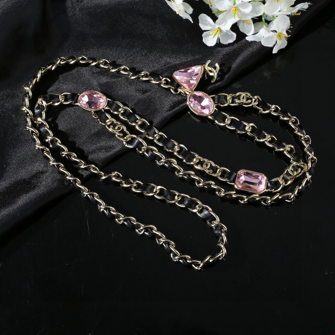 CCW095 Gold Metal and leather chain cc waist belt with Pink rhinestone - ccjewelryacc