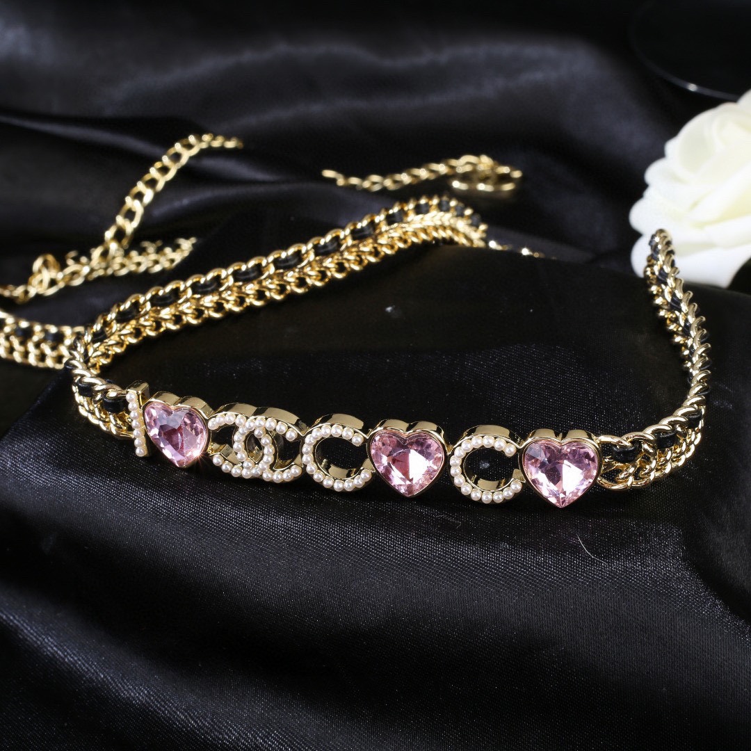 CCW006 Metal leather I Love COCO waist chain belt with pink heart crystal and pearls - ccjewelryacc