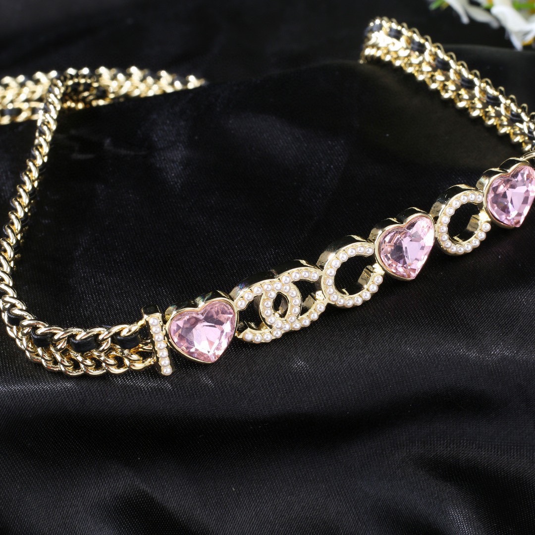 CCW006 Metal leather I Love COCO waist chain belt with pink heart crystal and pearls - ccjewelryacc