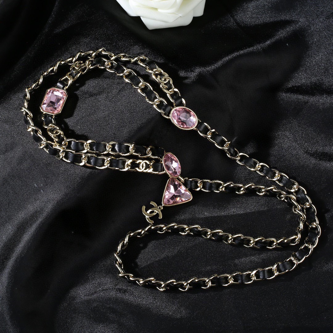 CCW095 Gold Metal and leather chain cc waist belt with Pink rhinestone - ccjewelryacc