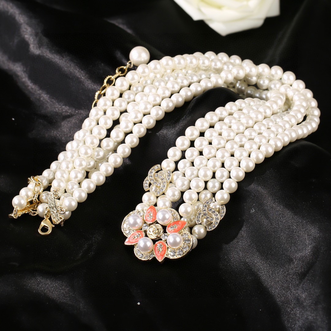 CCW127 Three layers pearl waist chain belt with crystal CC logo and pearl flower - ccjewelryacc