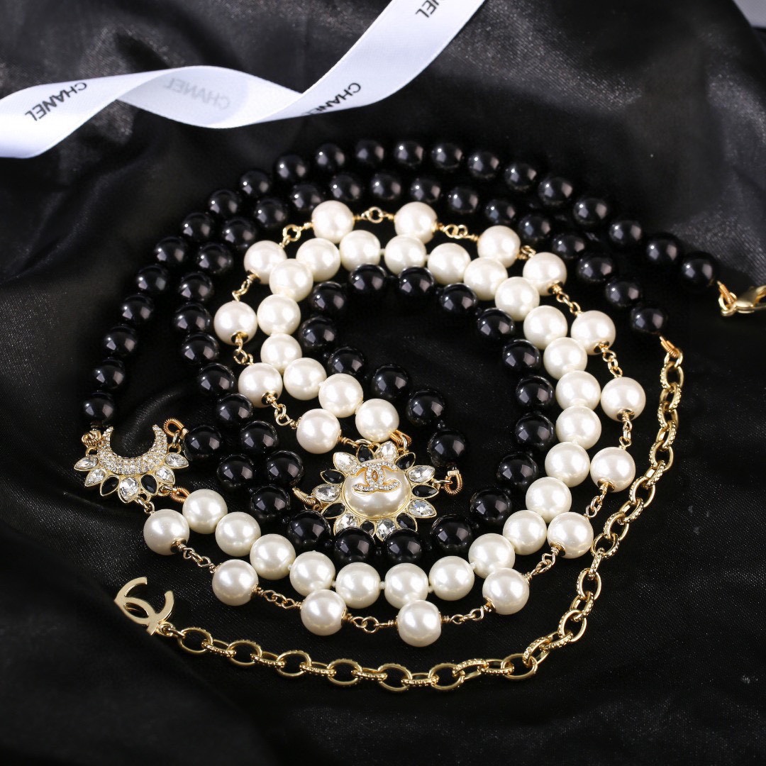 CCW131 Black and white pearl Sun and moon cc logo waist chain belt - ccjewelryacc