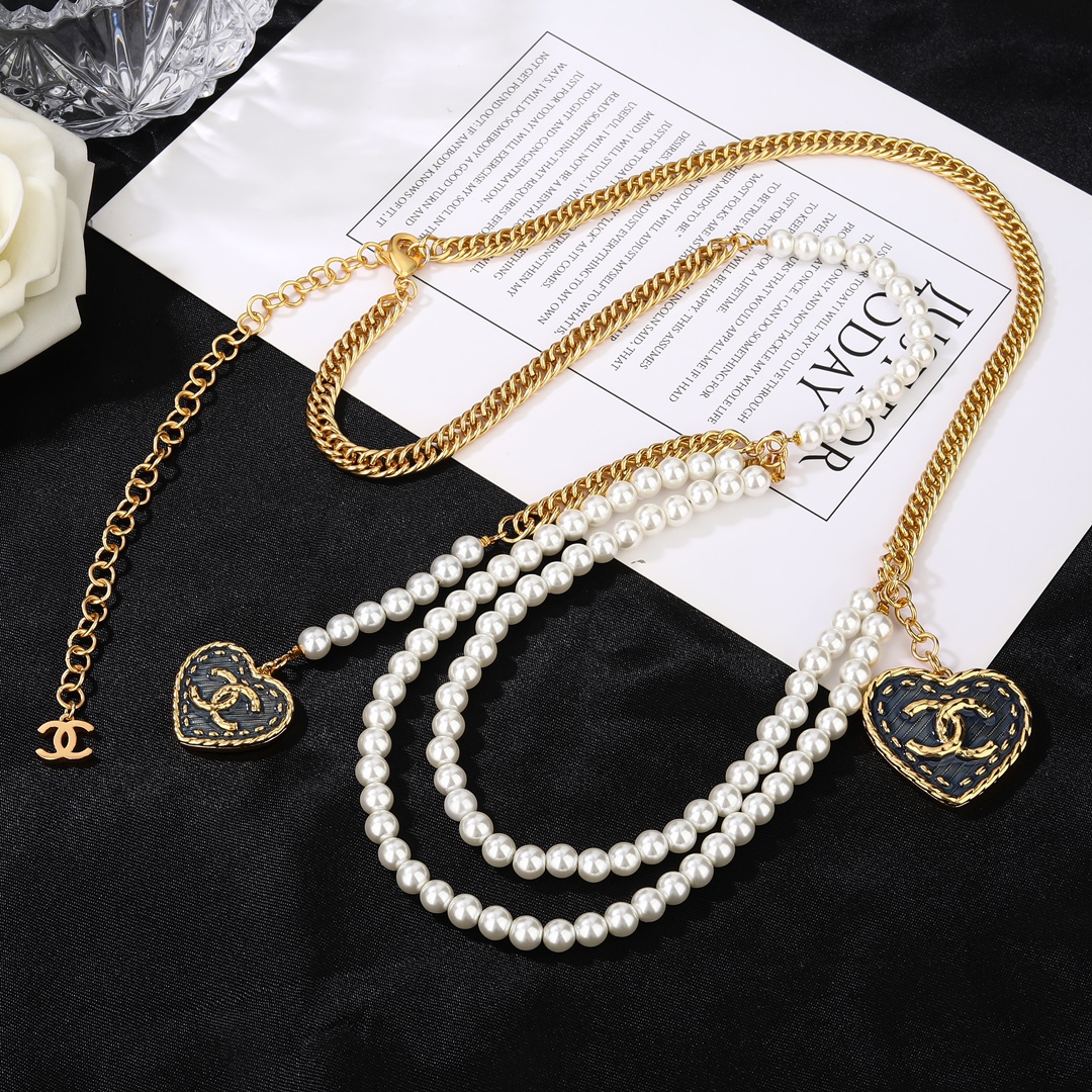 CCW040 24P CC Logo Denim Heart charm pearl Waist chain belt - ccjewelryacc