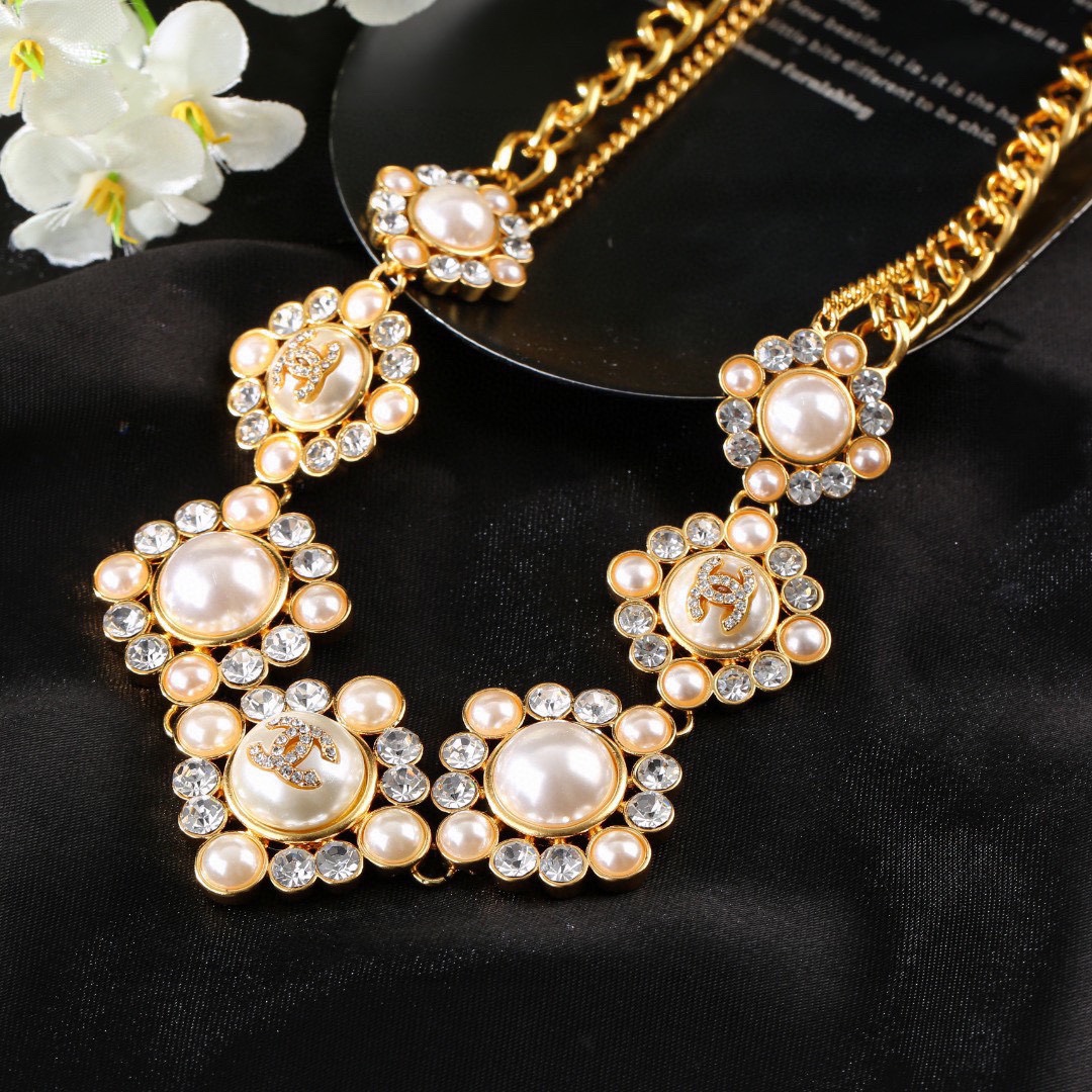 CCW138 Metal chain and cc logo crystal pearl flower waist chain belt - ccjewelryacc