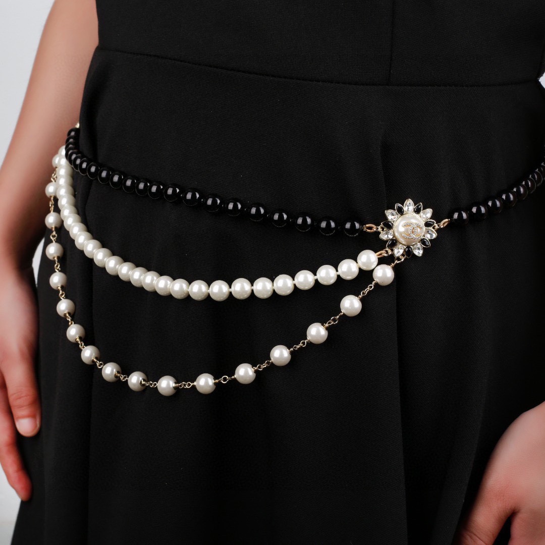 CCW131 Black and white pearl Sun and moon cc logo waist chain belt - ccjewelryacc