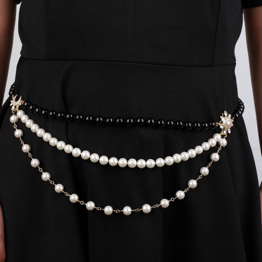 CCW131 Black and white pearl Sun and moon cc logo waist chain belt - ccjewelryacc