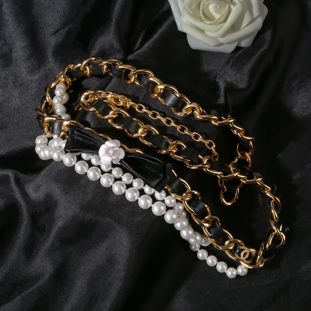CCW142 CC Metal leather pearls camellia waist chain belt - ccjewelryacc
