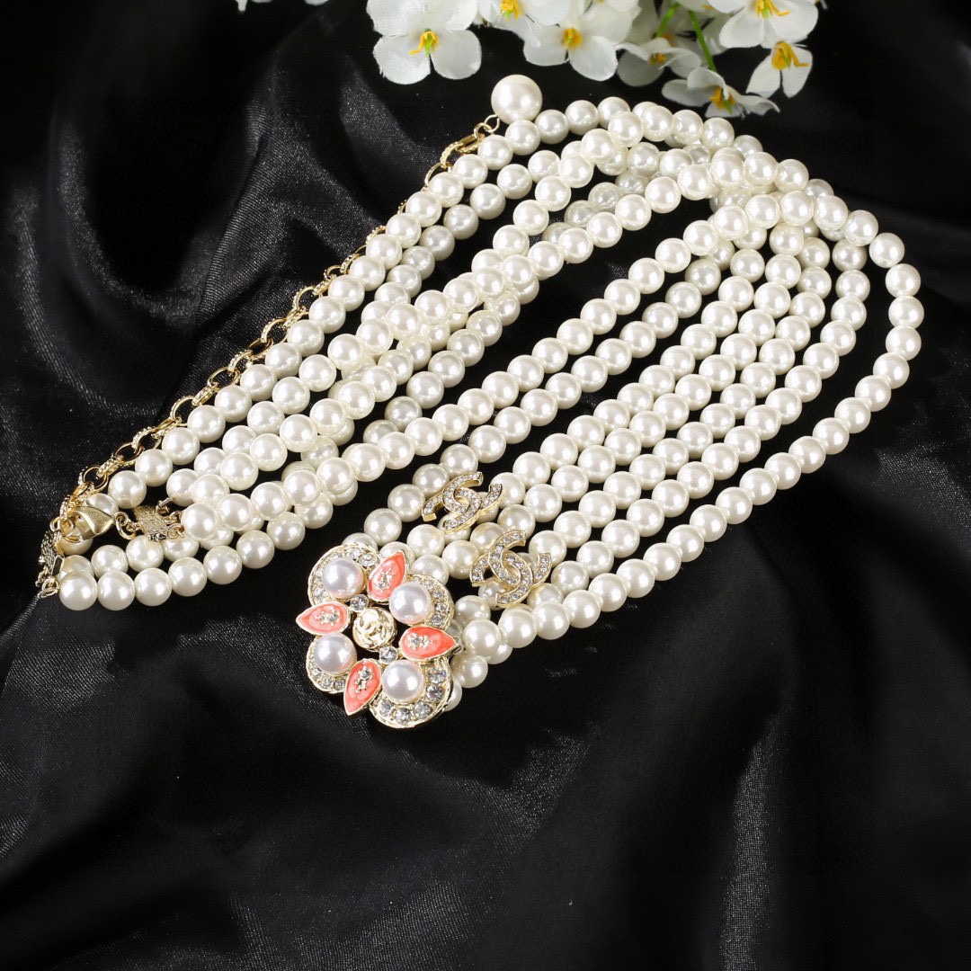 CCW127 Three layers pearl waist chain belt with crystal CC logo and pearl flower - ccjewelryacc