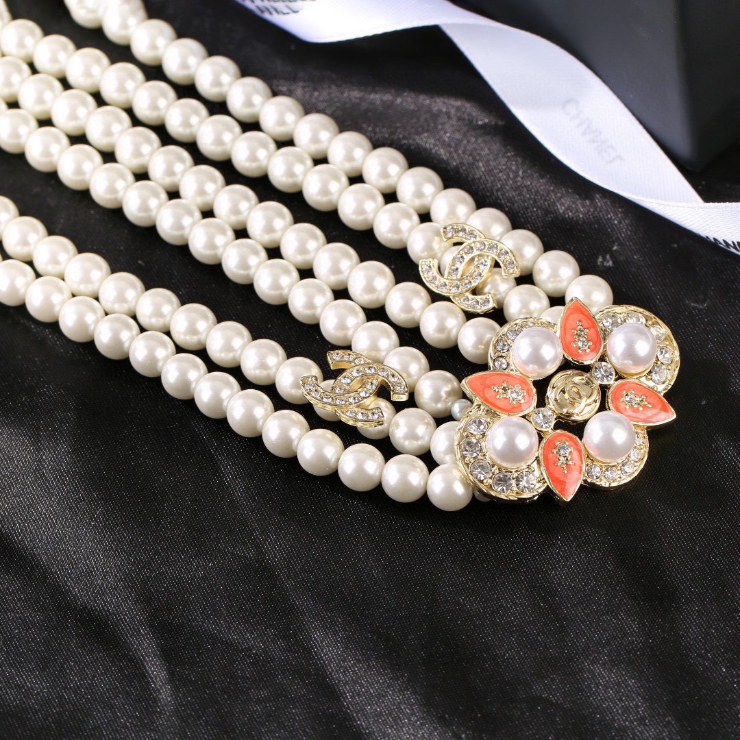 CCW127 Three layers pearl waist chain belt with crystal CC logo and pearl flower - ccjewelryacc