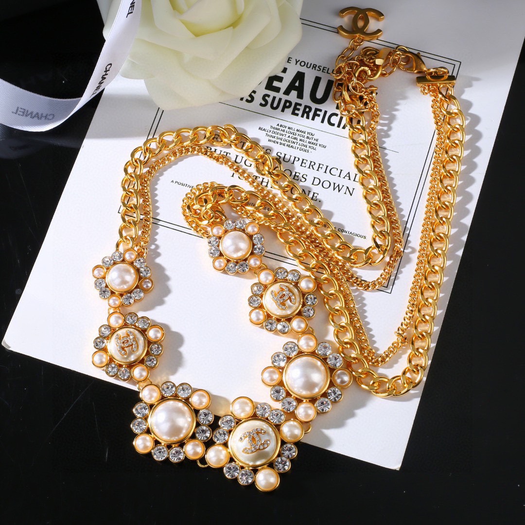 CCW138 Metal chain and cc logo crystal pearl flower waist chain belt - ccjewelryacc