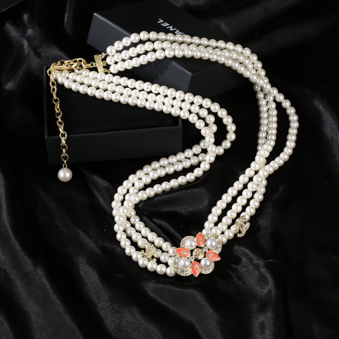 CCW127 Three layers pearl waist chain belt with crystal CC logo and pearl flower - ccjewelryacc