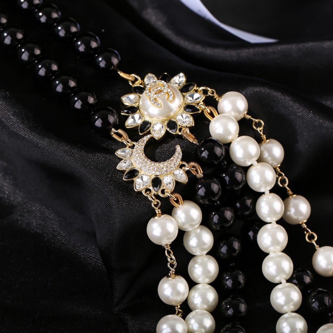 CCW131 Black and white pearl Sun and moon cc logo waist chain belt - ccjewelryacc