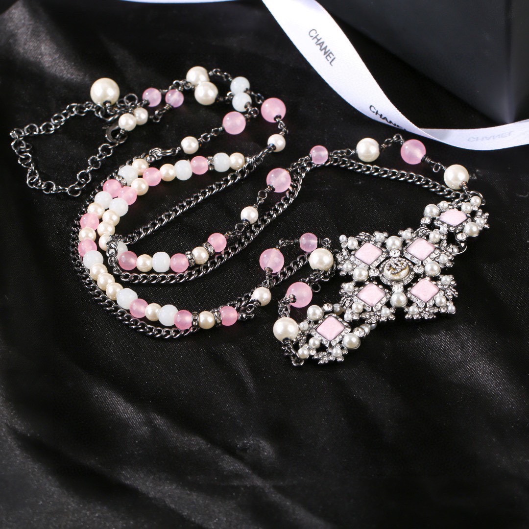 CCW126 Pink pearls flower and cc logo waist chain belt - ccjewelryacc