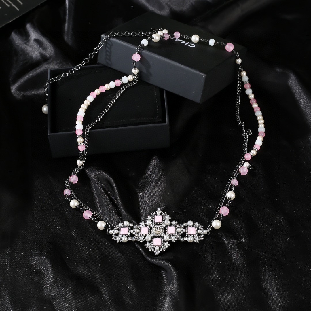 CCW126 Pink pearls flower and cc logo waist chain belt - ccjewelryacc