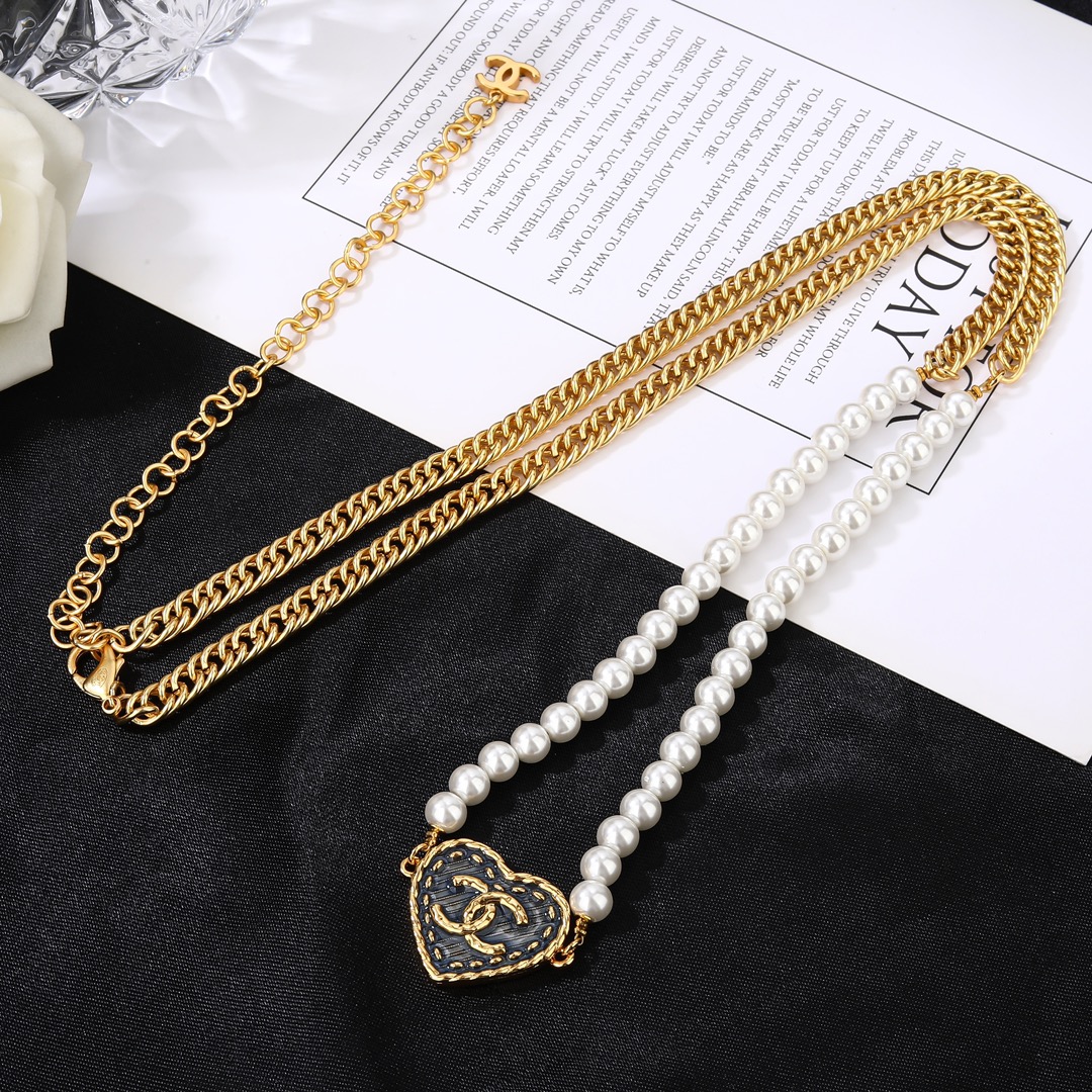 CCW122 Denim heart cc logo and pearl waist chain belt - ccjewelryacc