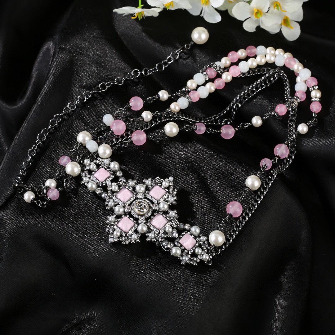 CCW126 Pink pearls flower and cc logo waist chain belt - ccjewelryacc