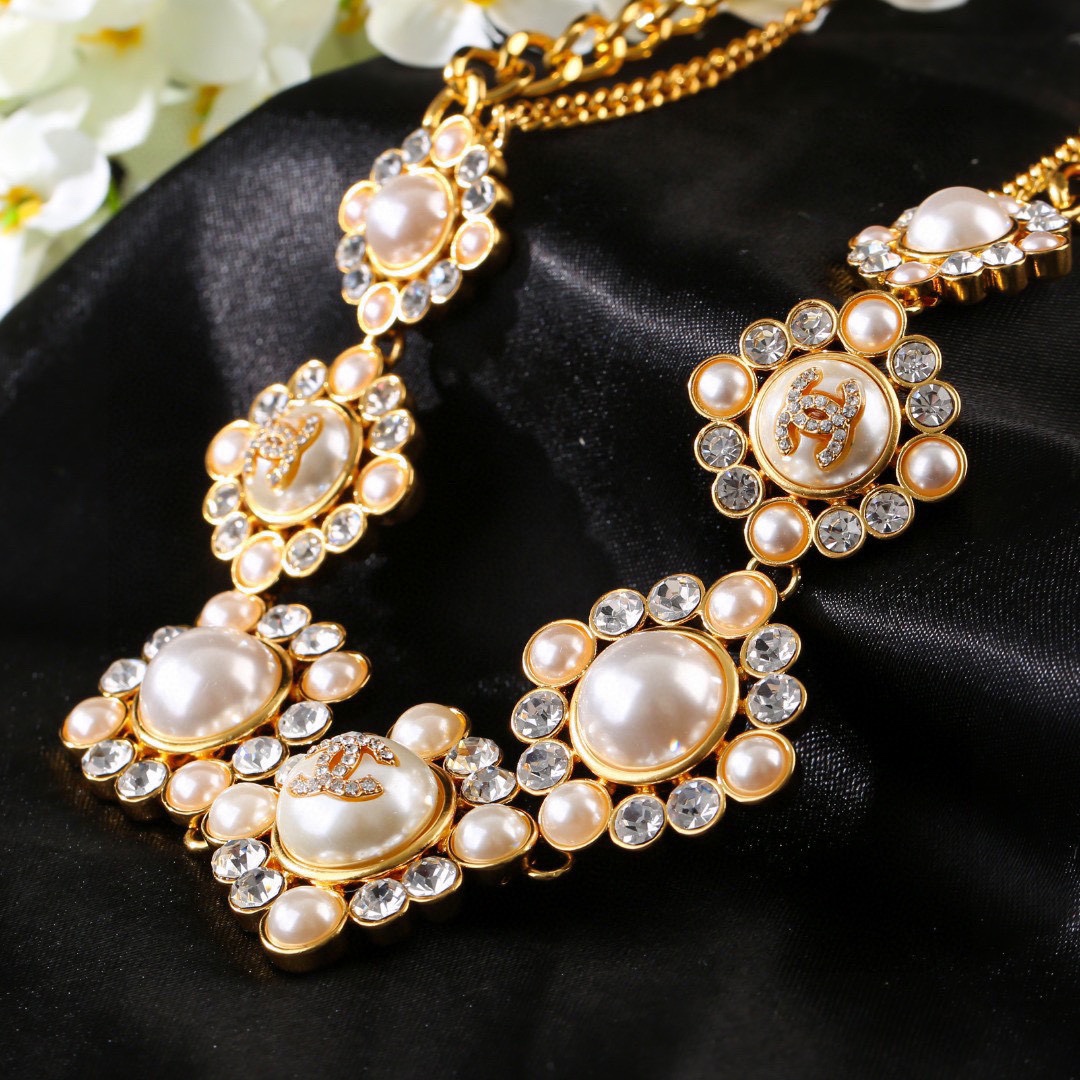 CCW138 Metal chain and cc logo crystal pearl flower waist chain belt - ccjewelryacc