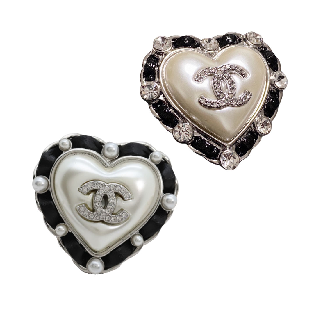 BCB368 Black leather crystal heart with CC logo brooch pin - ccjewelryacc
